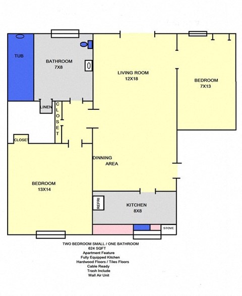 Floor plan for 2 beds, 1 bath, 624 sqft